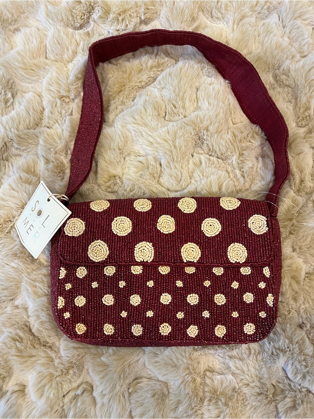 New Release Burgundy Beaded Polka Dot Shoulder Bag
